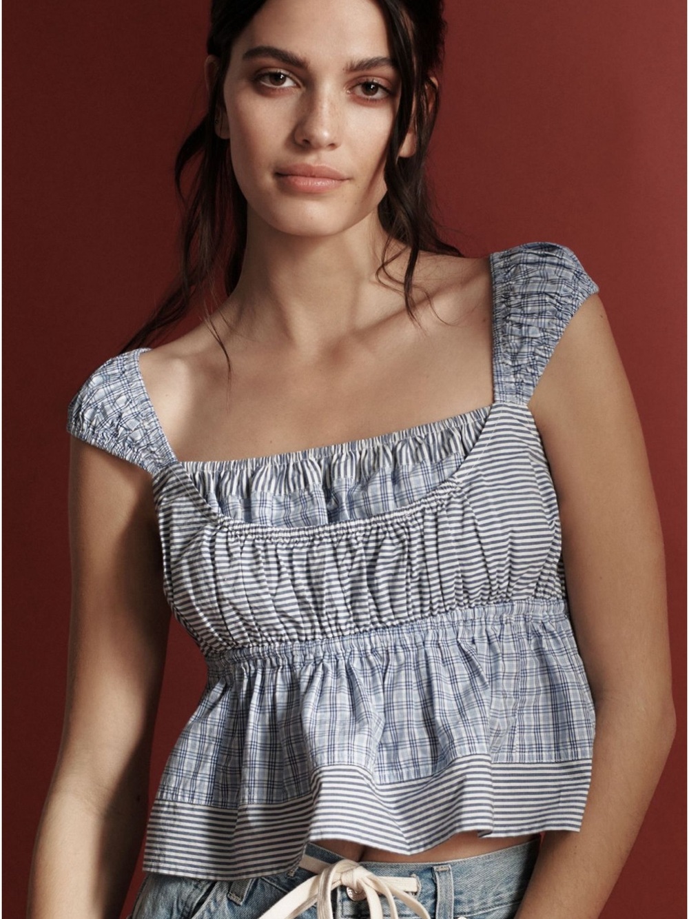 Anthropologie Blue and White Striped Smocked Crop Top